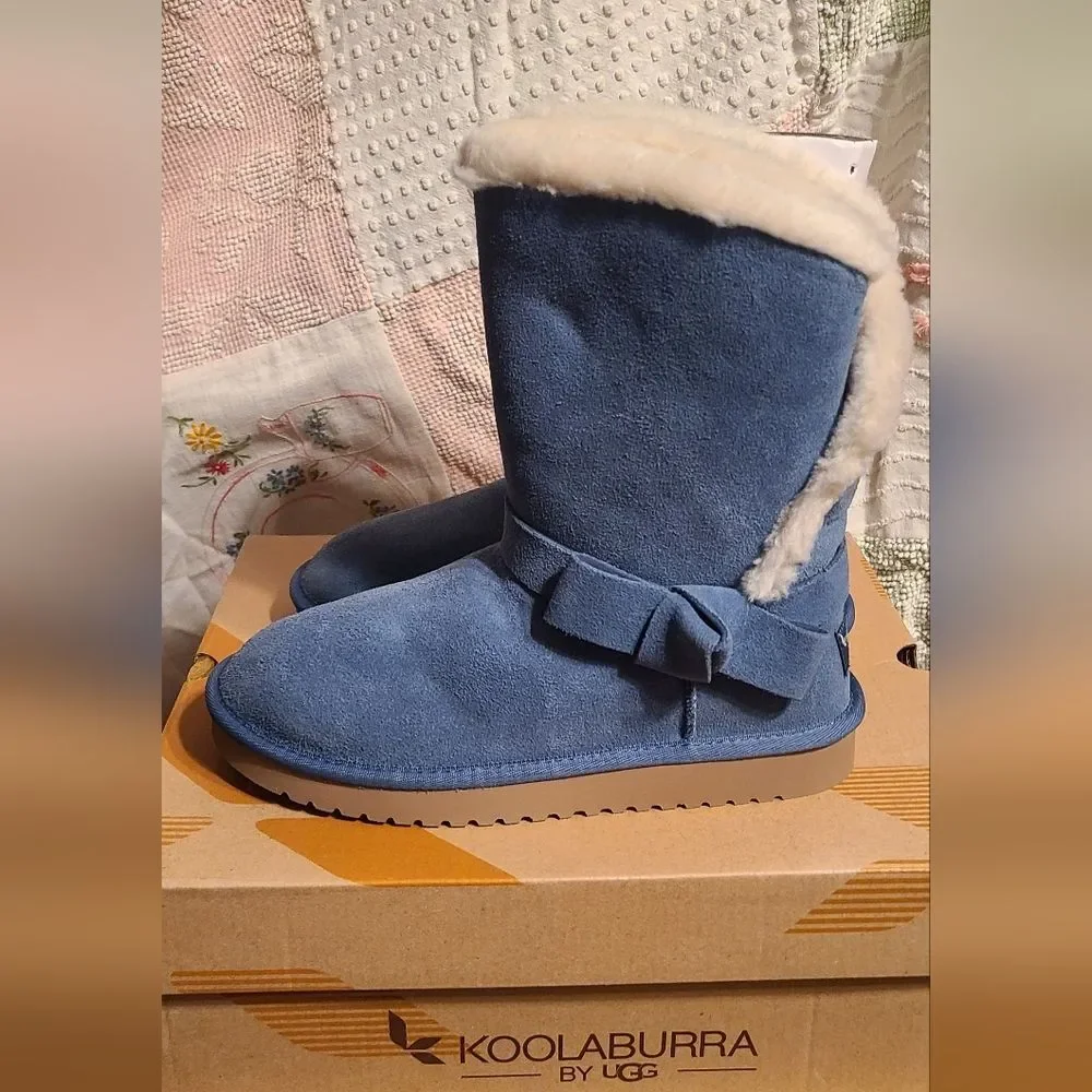 NEW UGG Koolaburra Shearling Sheepskin Bow Ribbon Blue Boots 6 And 10